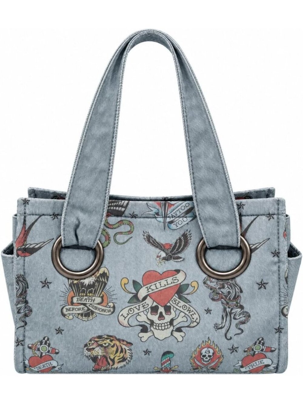 Vintage Denim Tattoo Print Tote Bag - Stylish, Spacious, Trendy Handbag - Picture 3 of 7